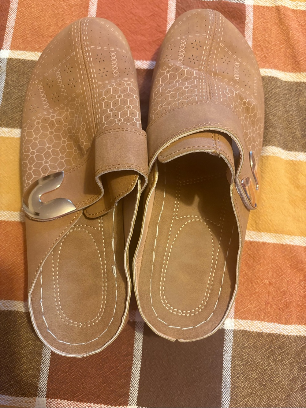 Women's Slip-On Mules with Metallic Buckle in Tan